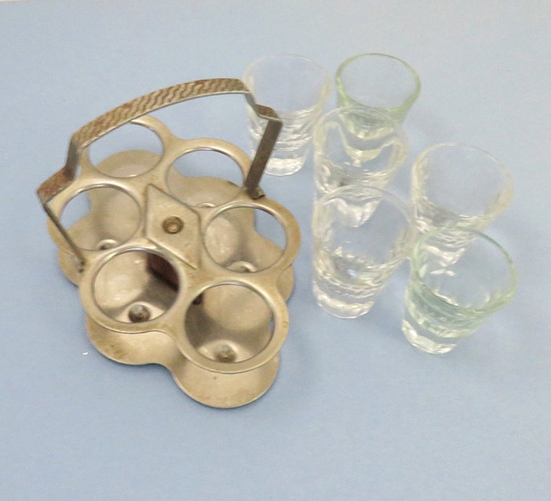 Vintage shot glasses with silver caddy metal holder shot glass Etsy