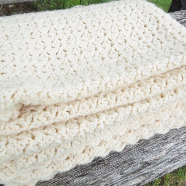 Eggshell white crochet blanket afghan throw 50" x 58"