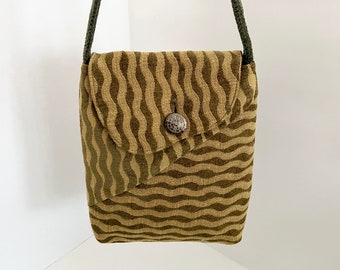 Unique mustard gold and brown wavy print fabric shoulder bag crossbody bag purse -- New condition