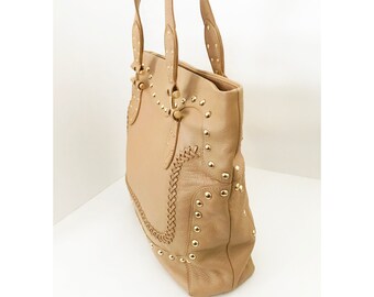 Via Spiga studded tan leather tote bag shoulder bag handbag purse with braid tassel zipper pull Via Spiga tote with gold studs