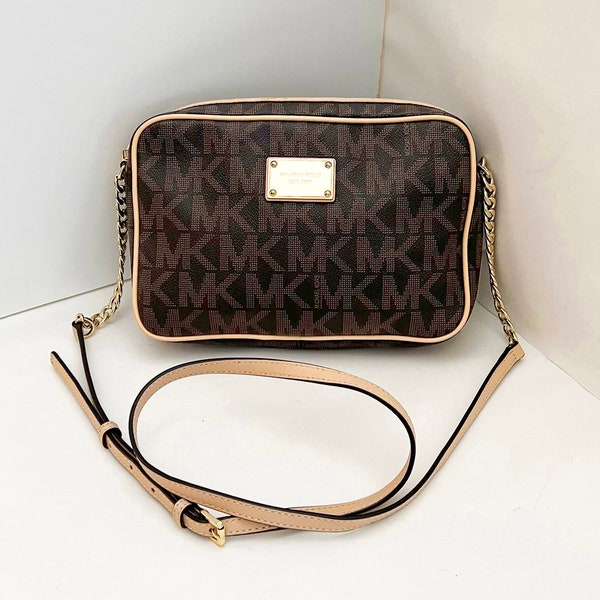 Michael Kors brown signature logo monogram coated canvas crossbody bag with tan leather chain strap