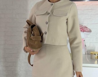 Women’s Tweed Jacket & Skort Set |  Luxury Textured Tweed Suit | Blazer and Skirt-Shorts Co-Ord | Elegant Statement Outfit | Work Outfit