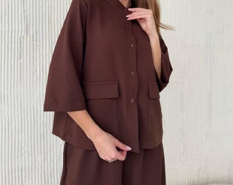 Women’s Culotte Set | Crepe Knit Two Piece Outfit | Wide Leg Pants Set | Elegant Casual Matching Set | Minimal Chic Look
