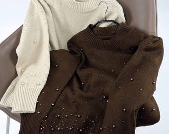 Women’s Cozy Knit Sweater with Pearl Details | Soft Oversized Jumper | Warm Elegant Knitwear for Fall Winter | Everyday Outfit