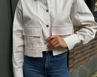 Women’s Cropped Cotton Shirt | Trendy Button Up Top | Modern Casual Shirt | Minimal Chic Wardrobe Essential