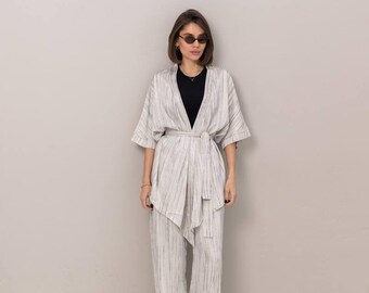 Women’s Kimono Set | Satin Silk Two Piece Outfit | Elegant Lounge Set | Wide Leg Pants and Kimono | Minimal Chic Look | Daily Outfit