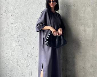 Women’s Oversized T-Shirt Dress | Maxi Cotton Dress with Slits | Casual Loose Fit Dress | Minimal Everyday Outfit