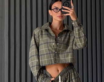 Women’s Cropped Blazer Set | Cotton Two Piece Outfit | Plaid Matching Set | Wide Leg Pants Suit | Trendy Chic Look | Daily outfit