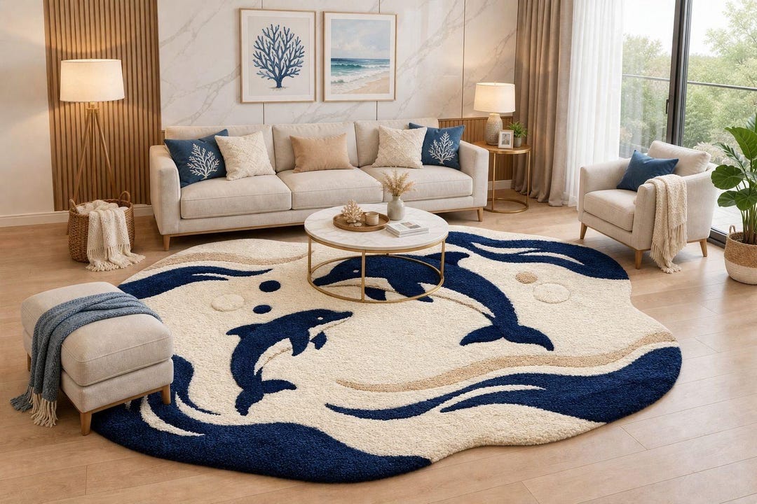 Ocean Dolphin Tufted Rug, Irregular Shaped Area Rug, Modern Coastal ...