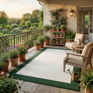 Ivory Cream Area Rug with Hunter Green Border, Solid Color Outdoor Patio Rug, Classic Two-Tone Farmhouse Rug