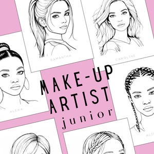 Può includere: Illustrazioni in bianco e nero di giovani donne con varie acconciature. Le illustrazioni sono su sfondi bianchi con bordi rosa. Il testo "MAKE-UP ARTIST junior" è al centro dell'immagine.