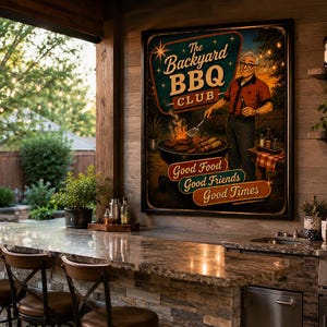 Può includere: Una cucina all'aperto con un cartello che recita "The Backyard BBQ Club". Il cartello presenta un'illustrazione vintage di un uomo che griglia. La cucina comprende un piano di lavoro in granito, sgabelli da bar e una griglia in acciaio inossidabile.