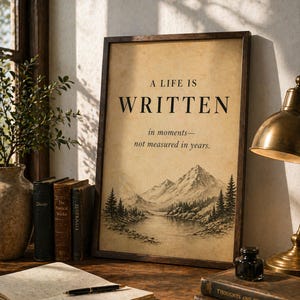 Puede incluir: Una impresión enmarcada con el texto "A LIFE IS WRITTEN in moments - not measured in years" sobre un paisaje de montaña y río. La impresión está sobre un escritorio de madera con libros, un bolígrafo y una lámpara.