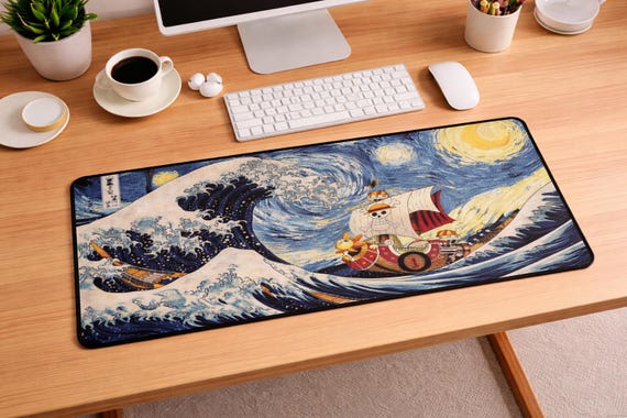 One Piece Desk Mat, Anime Mouse Pad, Thousand Sunny Art, Aesthetic Japanese Great Wave, XL Gaming Desk Pad, Gift for One Piece Fan