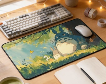 Alfombrilla de escritorio Studio Ghibli / Alfombrilla de ratón Totoro, decoración de escritorio verde kawaii, alfombrilla de escritorio anime XL, alfombrilla de ratón extendida, superficie de juego con estética Cozyscape