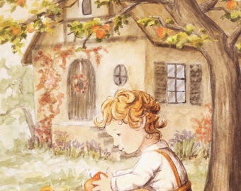 May include: Watercolor painting of a child gathering apples in an orchard. The child, wearing a white shirt and orange overalls, is kneeling near a wooden bucket filled with apples. A cottage and apple tree are in the background.
