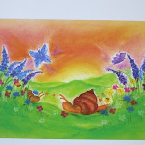 La lumaca - cartolina per la tavola stagionale - Waldorf - estate - fiori in giardino - codice articolo FRPK249