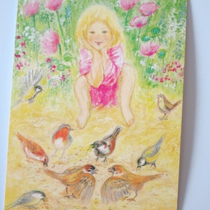 Alimentando os pássaros - cartão postal - mesa sazonal - Waldorf - menina - verão - Art.