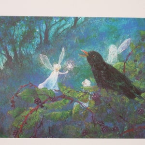 Melro e elfo - cartão postal para a mesa sazonal - elfo - fada - Waldorf- item no.HEPK138