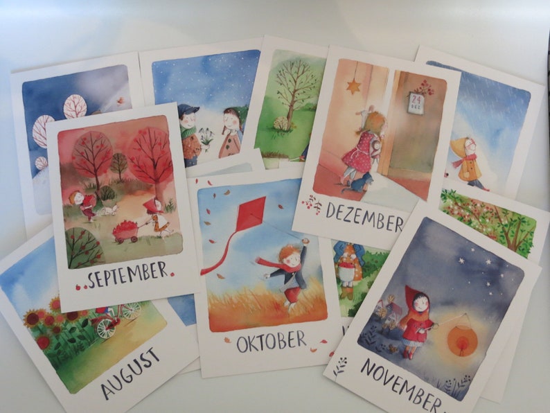 Monatskarten Set Stefanie Messing Jahreszeitentisch 12 Postkarten Waldorf Bild 1
