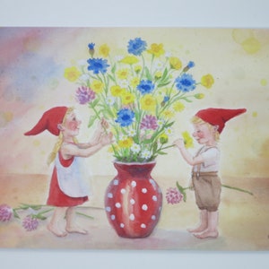 Fleurs d'été - carte postale - table de saison - Waldorf - vase à fleurs - bouquet de fleurs - gnomes - nains - Art.