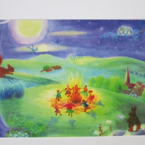 Danza attorno al fuoco di San Giovanni - tavola stagionale - cartolina - Waldorf - bambini che ballano - falò - N. HEPK256