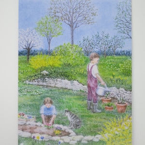 I bambini aiutano in giardino - cartolina - tavola stagionale - Waldorf - giardinaggio - articolo n