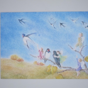 Verabschiedung der Schwalben - Postkarte für den Jahreszeitentisch - Waldorf - Zwerge - Herbst- Art. Nr.HEPK305