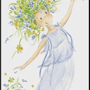 Pode incluir: Ilustração em aquarela de uma menina com uma coroa de flores e um vestido azul claro. Um pequeno pássaro cinzento repousa na sua mão levantada. A menina está rodeada de flores amarelas e azuis.