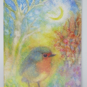 Rouge-gorge à l'écoute - carte postale pour la table de saison - Printemps - Waldorf - Art.No. FRPK32