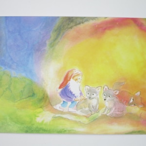 Nain avec enfants renard - carte postale - table de saison - Waldorf - décoration d'été - table de saison été - renard avec nain - Art.