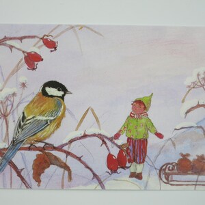 Merle et elfe - carte postale pour la table saisonnière - hiver - neige - Waldorf - réf. WIPK351