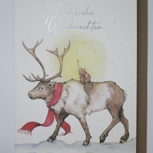 Frohe Weihnachten - Rentier mit Maus - Weihnachtskarte - Doppelkarte mit Umschlag- Art. WK28