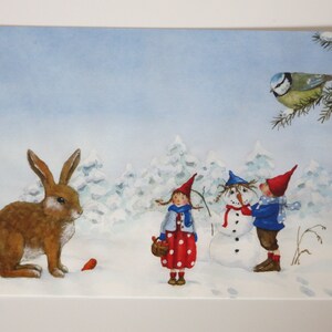Pippa e Pelle na neve - cartão postal para a mesa sazonal - inverno - Waldorf - item no.