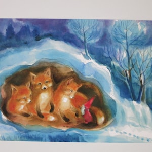 Füchse und Zwerg  - Postkarte - Jahreszeitentisch - Waldorf - Zwerge- Winter
