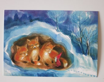 Foxes and Dwarf - Postcard - Seasonal Table - Waldorf - Dwarfs - Winter