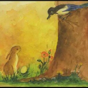 May include: Watercolor painting of a bunny and a bird near a tree trunk. The bird has black, white, and blue feathers. The bunny is brown and white. Red flowers and green grass are in the foreground. The background is yellow.