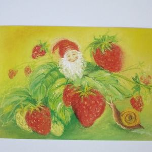 Strawberry Gnome - Table saisonnière - Waldorf - Carte postale - Été - Fraises - Nains - Wichtel - Gnome - Art.