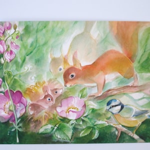 Rosa canina - cartão postal para mesa sazonal - verão - esquilo - Waldorf - Art.