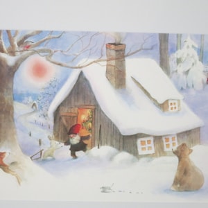 Weihnacht im Wald - Jahreszeitentisch - Postkarte - Waldorf -Zwerg - Winter - Hütte -Schnee- Winter- Art. Nr. WIPK54