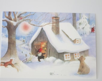 Christmas in the Forest - Seasonal Table - Postcard - Waldorf - Dwarf - Winter - Cabin - Snow - Winter - Item No. WIPK54