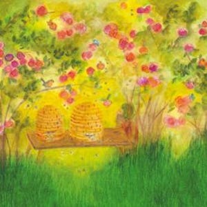 Bienen im Rosenhag - Postkarte - Jahreszeitentisch - Waldorf- Juni Postkarte-Bienen- Sommer Dekoration- Rosen Blumen - Art. SOPK72