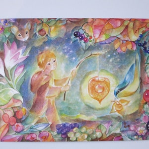 The Nuthatch - cartão postal - mesa sazonal - Waldorf - lanterna - outono - flor lanterna - item infantil no.HEPK201