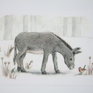 Esel und Rotkehlchen - Postkarte - Jahreszeitentisch - Waldorf - Winterwald - Tiere im Winter - Schnee- Art. Nr. WIPK187