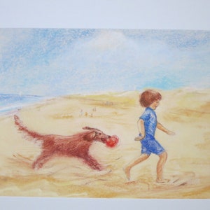 Garçon avec chien - carte postale - table saisonnière - Waldorf - plage - vacances d'été - Art.