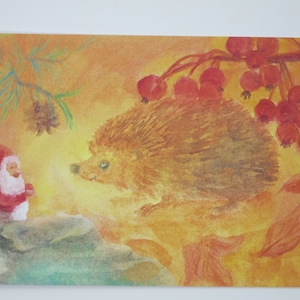 Nain et hérisson - carte postale pour la table saisonnière - Waldorf - automne - gnome - forêt d'automne - article n°HEPK16