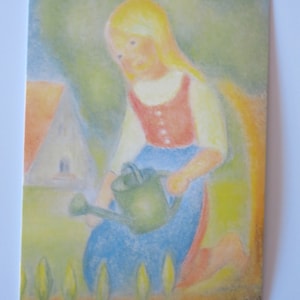 Ragazza con annaffiatoio - tavola stagionale - cartolina - Waldorf - estate - giardino - Art. SOPK236