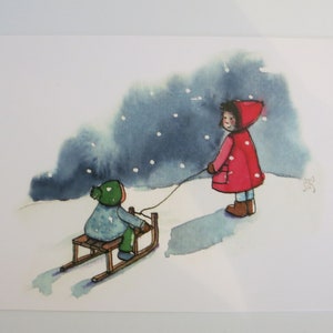 Schlittenfahrt - Postkarte für den Jahreszeitentisch - Waldorf - Winter - Kinder mit Schlitten - Schnee- Art. Nr. WIPK395