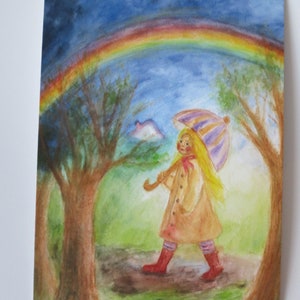 Arcobaleno - cartolina per la tavola stagionale - ragazza con ombrello - Waldorf - codice articolo FRPK58