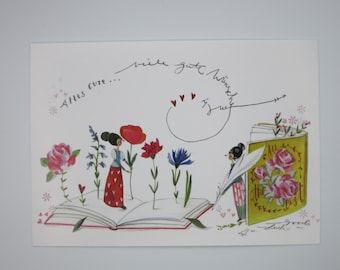 May include: A white card with a hand-drawn illustration of two women standing in an open book. The book has a red cover and is surrounded by flowers. The text on the card reads "Alles Gute..." and "viele gute Wünsche" with a heart symbol.